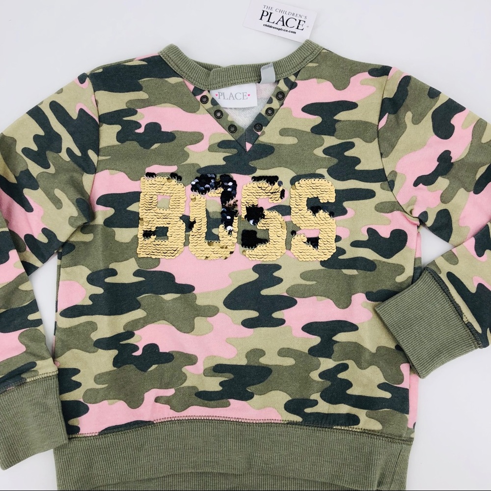 NWT Green Pink Camo Flip Sequin Boss Graphic Sweatshirt XS XSmall 4 - Picture 3 of 8
